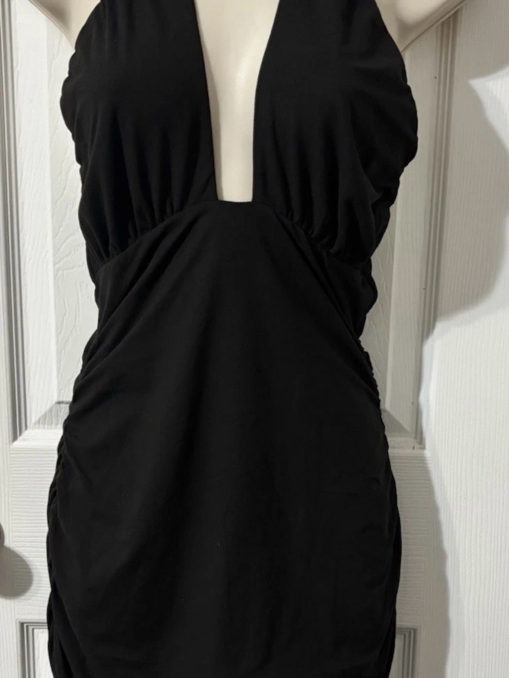 REORIA Black Halter Backless Ruched Bodycon Mini Dress Women's Size M